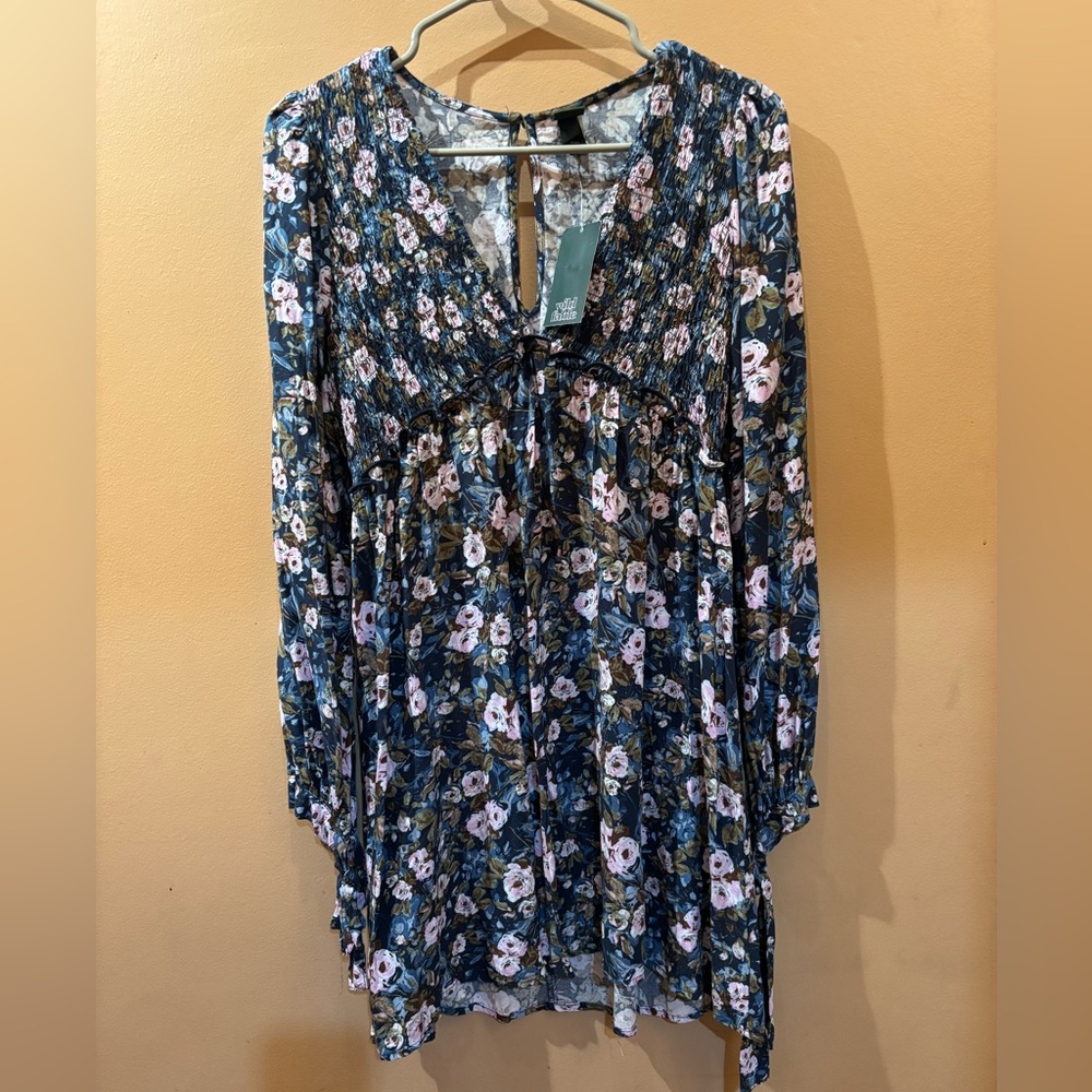 Wild Fable Size Small Navy Blue and Floral Long Sleeve Mini Dress NWT size Small